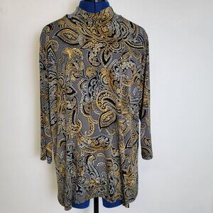 Susan Graver Womens Long Sleeve Grey/Black/Gold Paisley Hi-Lo Blouse XLP